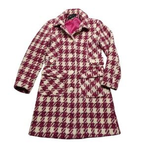 Moda International Coat Womens 4 Pink White Wool Blend Houndstooth Long Lined